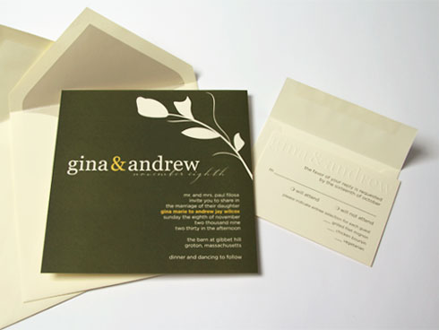 Embossed wedding invite and response card with double envelopes.
